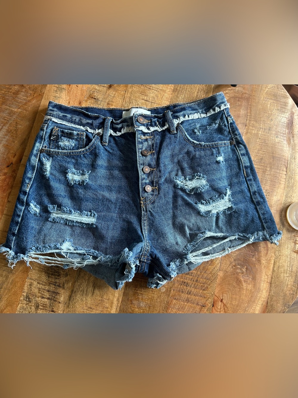 KanCan Distressed Button-Fly Denim Shorts - Blue